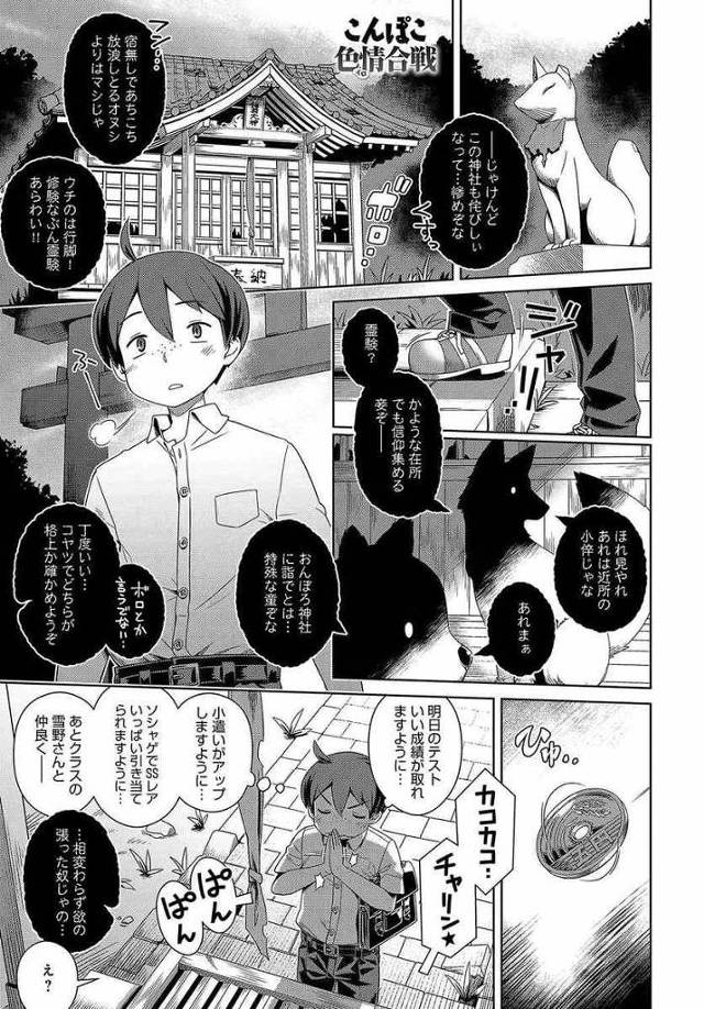 【エロ漫画】古い神社に住み着いている狐と狸が巨乳お姉さんに化けショタを誘惑ハーレム3P、パイズリと尻コキして生挿入で中だしさせる！！