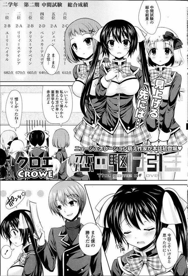 【エロ漫画】学年トップの男の子に恋をするツインテール巨乳美少女…媚薬をかけた差し入れを食べさせたところ急に押し倒されいちゃラブセックスをすることになる【クロエ:恋の駆け引き】
