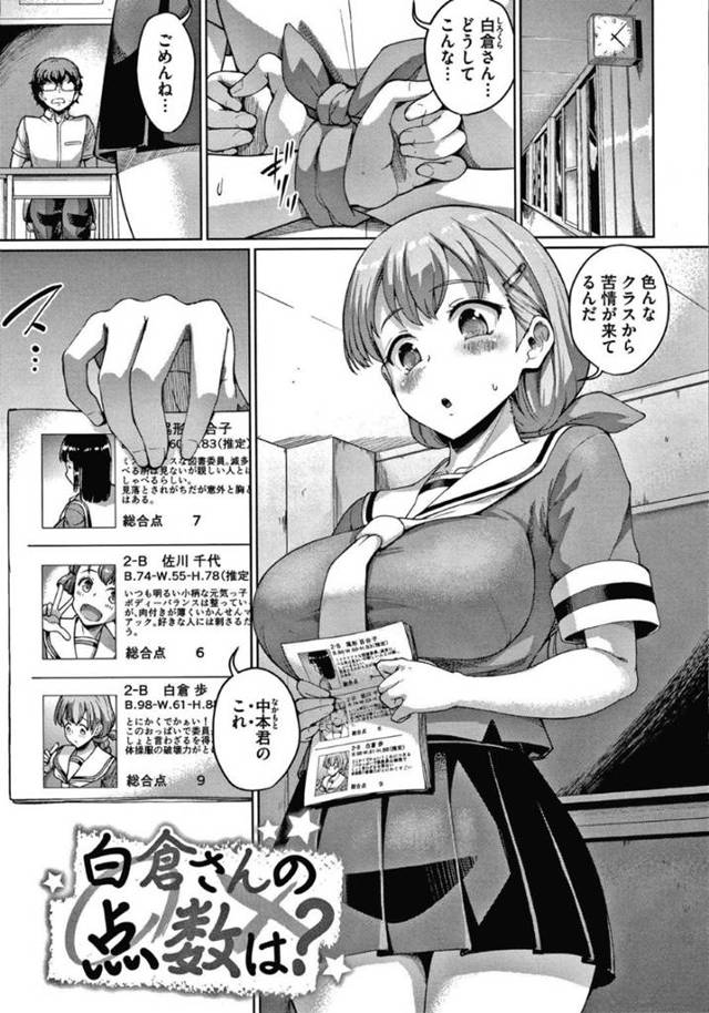 【エロ漫画】爆乳クラス委員長はクラスから苦情があった女子のスリーサイズをバラまく男子生徒を拘束！注意のみかと思いきやなんと目の前でエロ下着を着けた委員長が騎乗位！チンポの採点を行うために何度も中出しセックス！【しょうさん坊主】