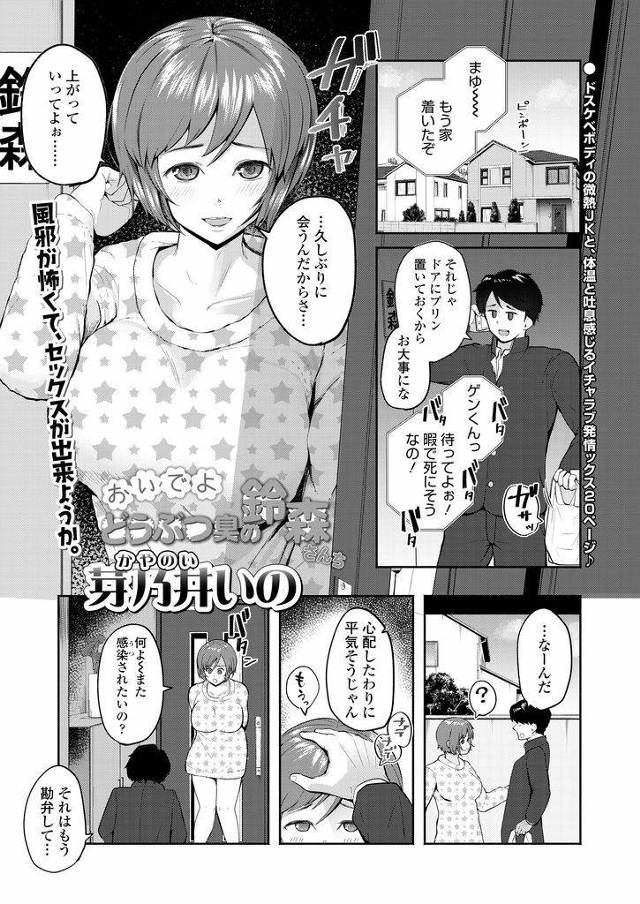 【エロ漫画】風邪を引いて学校を休んでいるショートカットJK彼女…風邪で火照った身体を鎮めてもらうために彼氏にセックスをお願いしてベッドの中で汗を流す【茅乃井いの:おいでよどうぶつ臭の鈴森さんち】