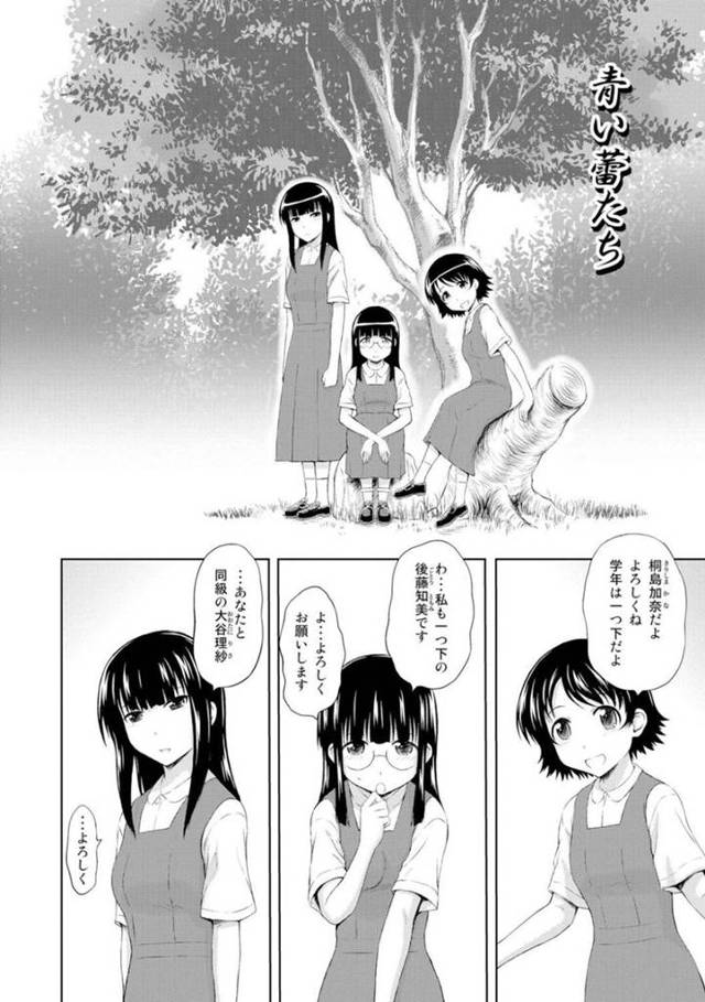 転校生の主人公を秘密基地へと招いた二人の同級生の少女…そこで主人公はエロ本を発見してしまい、エッチな事に興味津々な二人と3Pセックスすることに！なれていない彼女のパイパンマンコを交互に手マンしてあらゆる体位で生挿入。【まひるの影郎:青い蕾たち】