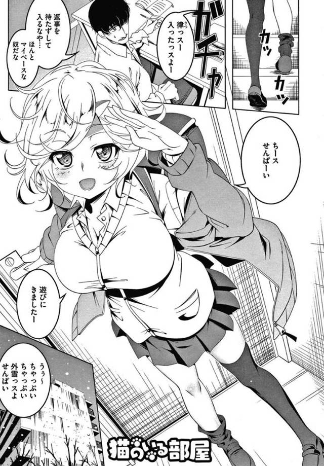 先輩の部屋へと上がりこんだ巨乳おっとり娘…彼女の姿にムラムラして先輩は彼女が昼寝している間にこっそりオナニーに励むが、夢中になりすぎてバレてしまう。その事がきっかけでセックスする展開となり正常位や騎乗位などの体位で生挿入中出しまでするのだった。【田辺京:猫のいる部屋】