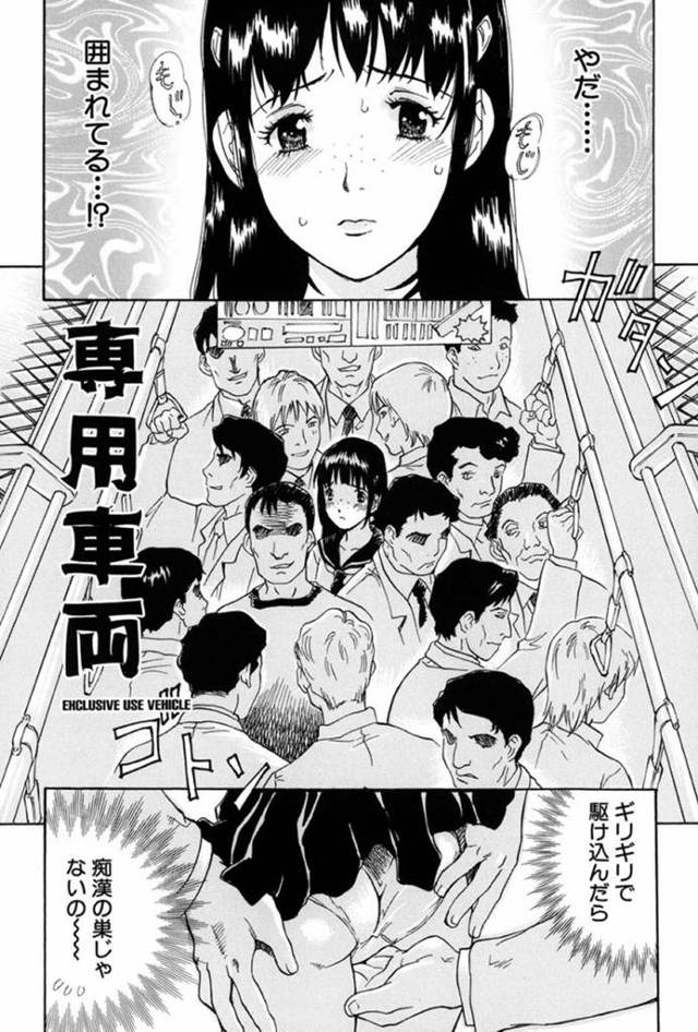 間違えて痴漢専用車両に乗り込んでしまい、痴漢の餌食になってしまった巨乳清楚系JK…同じく乗り合わせていた先輩に助けを求めるが、彼も同様に痴漢魔で大勢に囲まれて集団レイプへと発展する。【やまのべきった:専用車両】