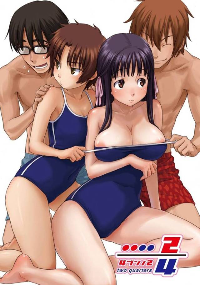 【エロ漫画】部室でスクール水着のまま友達カップルと4P乱交セックスをする巨乳清楚系JK。彼女は彼氏や友人にバックでガン突きされながら、フェラさせられたりと串刺し状態になって感じまくる！