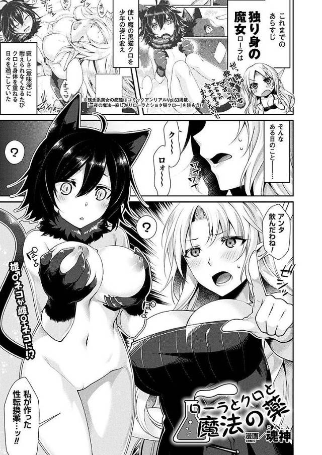 【エロ漫画】女体化した猫娘の体に発情し性転換薬でおちんぽを生やし猫娘のおまんことパコるお姉さん【魂神／ローラとクロと魔法の薬】