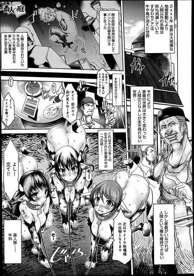 【エロ漫画】人間×牛のDNAをかけ合わせた家畜の牛娘を雄牛のミノタウロスと無理やり性交させ精液まみれの牛娘に発情した人間たちに犯される【あまぎみちひこ／畜人の庭】