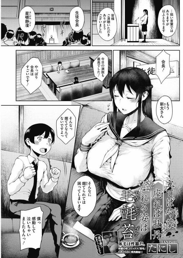【エロ漫画】綺麗で清楚な生徒会長の爆乳JK！好きで憧れていた男はJKが置き忘れていたハンカチの匂い嗅ぎ勃起！その姿見たJKは隣の部屋に男を連れて行き爆乳見せつけセンズリ鑑賞顔射！射精したばかりのチンポをフェラチオ口内射精ごっくん！騎乗位で跨り処女マン挿入腰振り！激しく腰を動かしマンコ奥に膣内射精！【たにし】