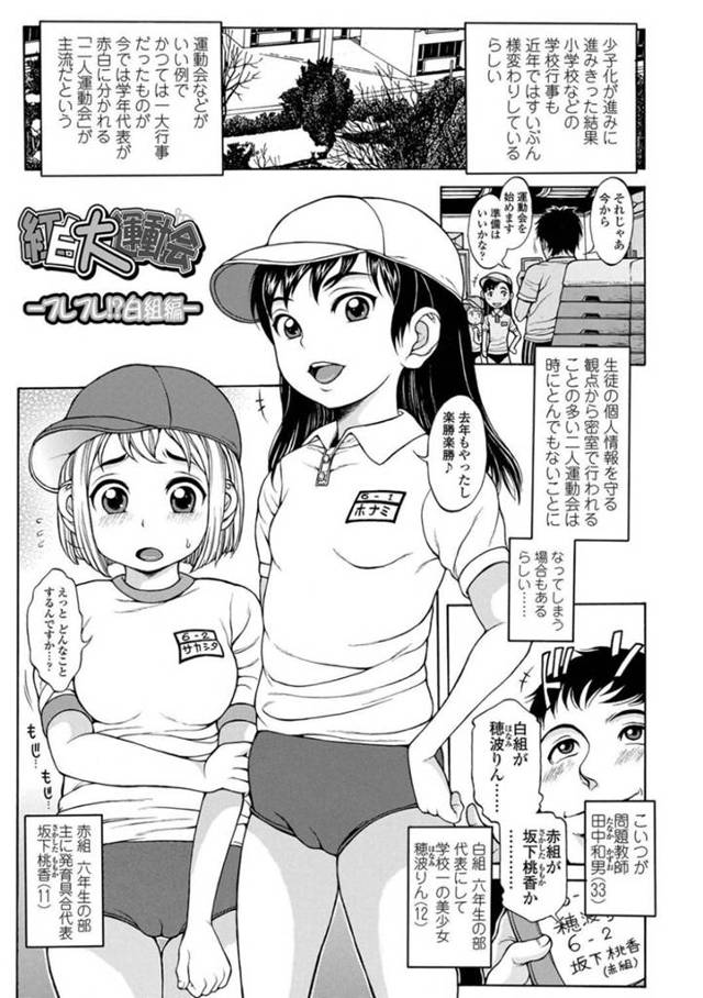 【エロ漫画】運動会と称されて体育倉庫でロリコン教師からエッチな事をされる貧乳ロリ少女。疑いを持たずにされるがままの彼女はクンニされたり、手マンされたりした挙げ句、体操服姿で生ハメセックス！