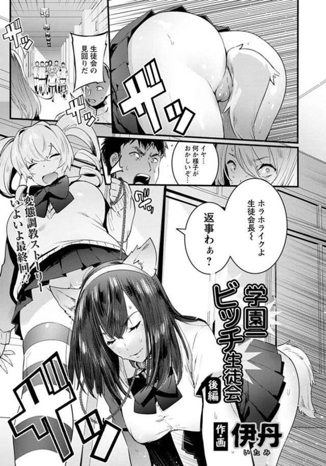 首輪を繋がれノーパン尻尾プラグを着けて生徒会見回りを行う巨乳生徒会長JK…服従を誓ってしまったため生徒に見られながらわんと言う！【伊丹：学園一ビッチ生徒会　後編】