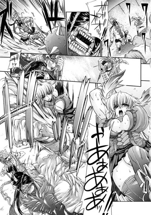 【エロ漫画】コロシアムで人外オーガと戦わされるムチムチ女戦士。呆気なく敗北した彼女は発情したオーガにステージでイラマされたり、観客の男たちに襲われて公開集団レイプされてしまう！