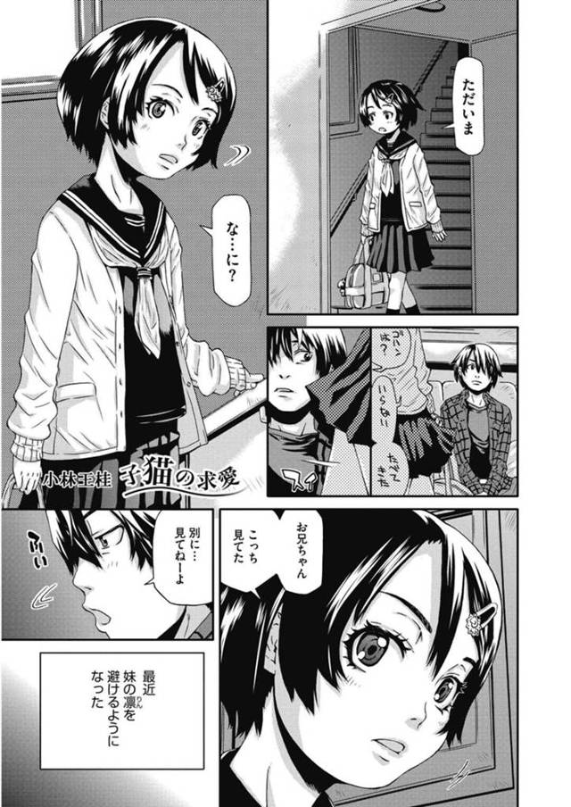 【エロ漫画】兄に突然アソコを見せつけ、エッチを誘う美少女妹…ディープキスしてフェラしまくり、手マンやクンニにイッたあと、激しい中出し兄妹セックスで種付けアクメ【小林王桂：子猫の求愛】