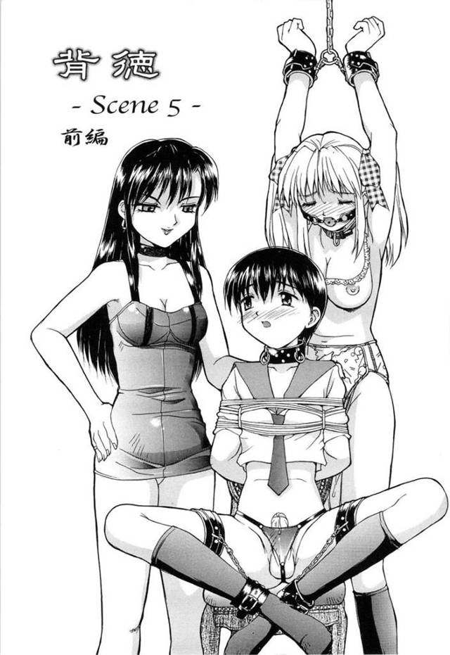 【エロ漫画】新しい性奴隷候補のショタを部屋に呼び込んで女装させる女教師は、フェラチオ抜きして大量射精させる！【水ようかん/背徳〜Scene5〜前編】